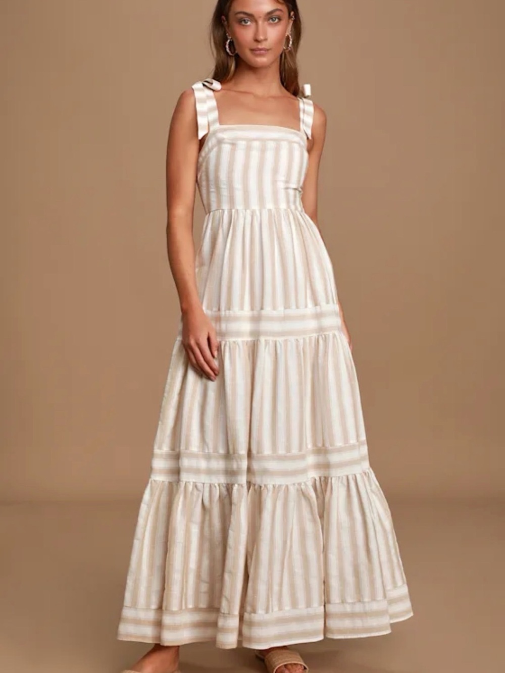 Lulu's Golden Days Beige Striped Tie-Strap Maxi Dress